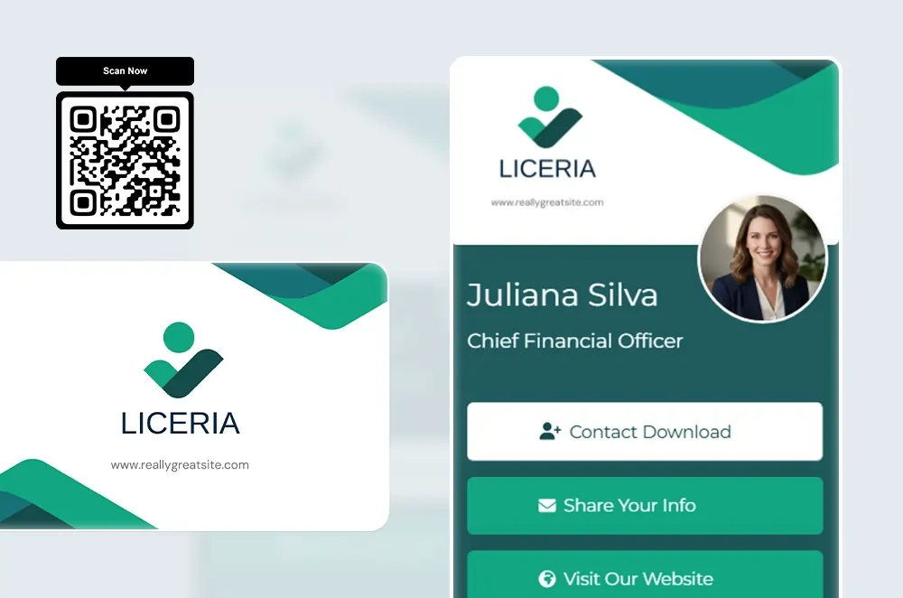 NFC business card and online profile preview for Liceria, showing a QR code to scan and the digital contact profile of Juliana Silva with contact buttons and brand design.
