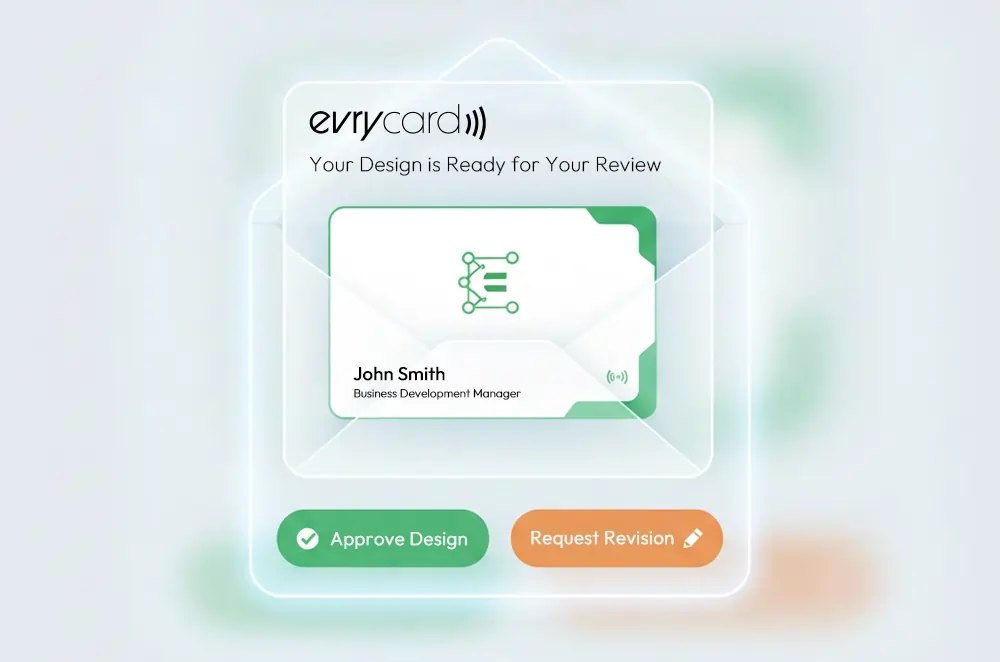 Glass-style email popup from Evrycard showing a NFC business card design for review, with options to Approve Design or Request Revision.